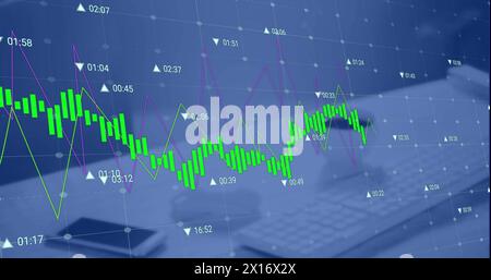 Abbildung mehrerer Diagramme, wechselnder Zahlen, leerer Stuhl, Mobiltelefon, Kaffee und Tastatur auf dem Schreibtisch Stockfoto