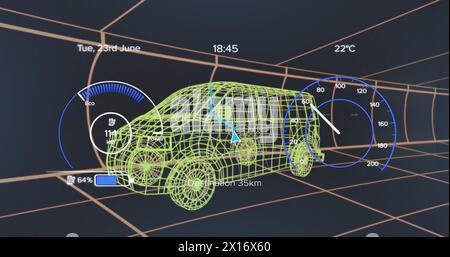 Abbildung: Tachometer, Symbol für das Laden der Batterie über dem 3D-Modell eines Transporters vor schwarzem Hintergrund Stockfoto