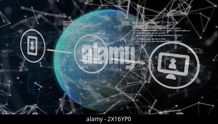 Bild von Social-Media-Symbolen mit Datenverarbeitung und Verbindungen über den Globus auf schwarzem Hintergrund Stockfoto