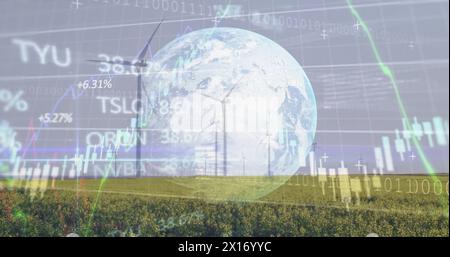 Abbildung von Diagrammen und Datenverarbeitung mit Globus über Feld mit Windturbinen Stockfoto