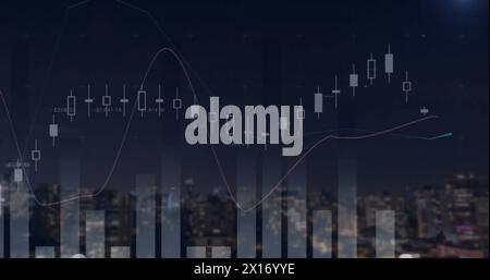 Abbildung von Diagrammen und Datenverarbeitung über Stadtbild Stockfoto