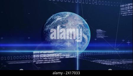 Abbildung von Diagrammen und Datenverarbeitung über dem Globus auf blauem Hintergrund Stockfoto
