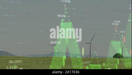 Abbildung von Diagrammen und Datenverarbeitung über Feld mit Windturbinen Stockfoto