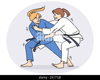 Frauen in Karatekimonos, die auf dem Ring kämpfen. Sportlerinnen in Uniform, die im Kampfsport tätig sind. Sport und Wettkampf. Vektordarstellung. Stock Vektor