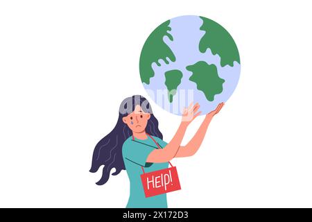 Eine Öko-Aktivistin bittet darum, den Planeten zu retten und die Umweltverschmutzung zu stoppen, die den CO2-Fußabdruck verursacht Stock Vektor