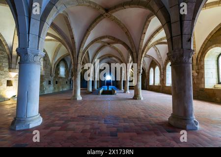 Das Gemeindewohnheim des Mönchs. Das Kloster Alcobaca (Mosteiro de Alcobaca) oder das Kloster Alcobasa. Portugal. Stockfoto