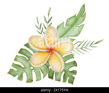 Plumeria Aquarellrahmen. Frangipani-Blüte mit tropischen Blättern. Handgezeichnetes Clipart auf isoliertem Hintergrund. Runder Kranz aus einem Blumenstrauß exotischer Sommerpflanzen. Botanische Illustration der Blumen. Stockfoto