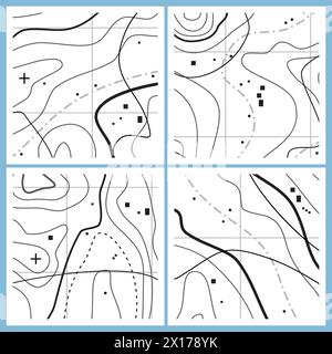 Abstraktes Kartenmuster des Vektors mit Wellenlinien. Schwarz-weiße topografische Linienkonturen. Satz einfacher Symbole für Kartentopographie Stock Vektor