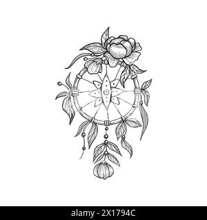 Handgezeichnete Illustration eines Traumfängers mit Blumen und Zweigblättern Stock Vektor
