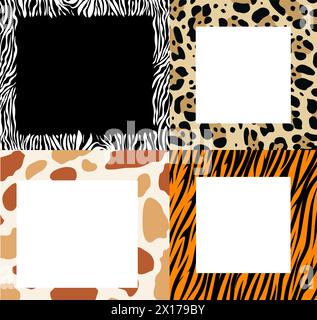 Vektorsatz von Rahmenrändern mit abstrakter Zebrahaut, Kuhhaut, Leopardenhaut und Tigerhaut und Kopierraum für Text oder Grafik Stock Vektor