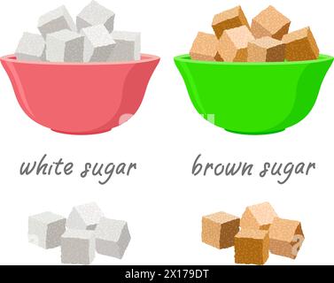 Vektorzuckerwürfel in Zuckerschalen und in Pfählen. Set aus weißen und braunen Zuckerwürfeln und Text. Süßes Essen als Energiequelle. Kochhintergrund mit nat Stock Vektor