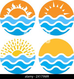 Vektorkreise mit Meer- oder Ozeanwasser und Sommersonne isoliert auf weißem Hintergrund. Symbol für welliges Wasser und Sonnenstrahlen. Urlaubstourismus-Design in Form von Stock Vektor