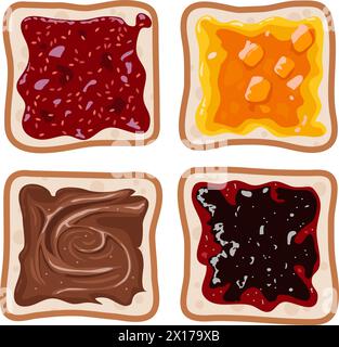 Vektor-Set von weißen Toast Brotscheiben mit Fruchtmarmelade und Schokolade. Draufsicht, flacher Stil. Brottoastscheibe isoliert auf weißem Hintergrund Stock Vektor