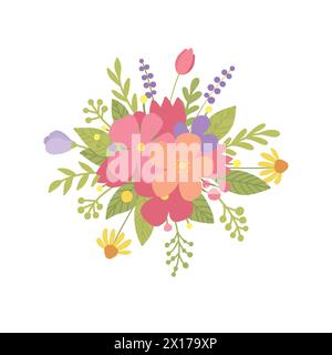 Bouquet von schönen wilden Kräutern, krautigen blühenden Pflanzen, blühenden Blumen, Sträuchern und Untersträuchern isoliert auf weißem Hintergrund. Detaillierte Botanik Stock Vektor