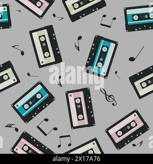 Vektor nahtlose Audiokassetten Hintergrund. Retro-Ausrüstung für Audio-Musik-Recorder. Nahtloses Vintage-Muster mit Musikkassetten und Musical s Stock Vektor