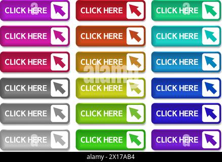 Vektorsatz mit bunten Schaltflächen für Webdesign isoliert auf weißem Hintergrund. Klicken Sie hier Webschaltflächen eps10 Stock Vektor