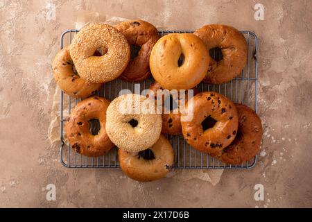 Auswahl an Bagels, die zum Frühstück frisch gebacken wurden, mit Sesam und Zimtrosinen über dem Kopf Stockfoto