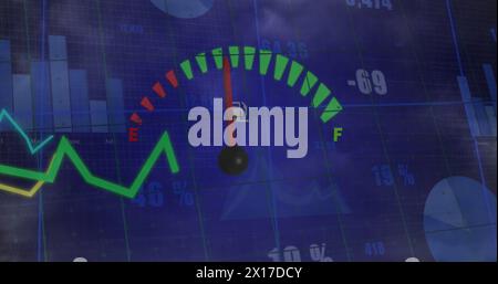 Tachometerbild und statistische Datenverarbeitung gegen dunkle Wolken am Himmel Stockfoto