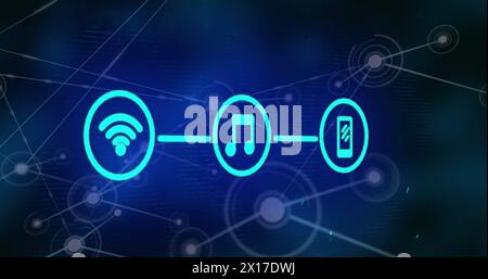 Abbildung von wlan-, Musik- und Telefonsymbolen, die ein Flussdiagramm über verbundenen Punkten bilden Stockfoto