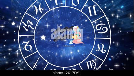 Bild von Horoskop-Symbolen über Sternen auf blauem Hintergrund Stockfoto