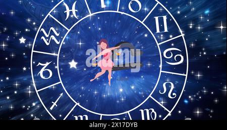 Bild von Horoskop-Symbolen über Sternen auf blauem Hintergrund Stockfoto