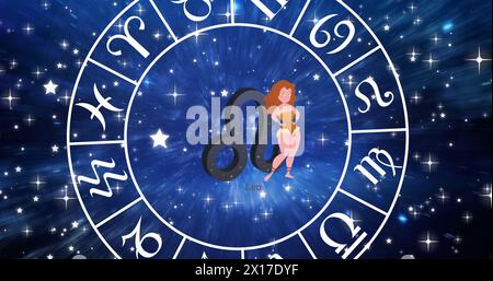 Bild von Horoskop-Symbolen über Sternen auf blauem Hintergrund Stockfoto
