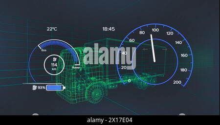 Bild des Tachometers über einem Elektrofahrzeug-Projekt auf marineblauem Hintergrund Stockfoto
