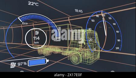 Bild des Tachometers über einem Elektrofahrzeug-Projekt auf marineblauem Hintergrund Stockfoto