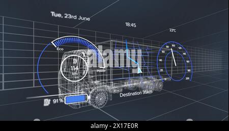 Bild des Tachometers über einem Elektrofahrzeug-Projekt auf marineblauem Hintergrund Stockfoto