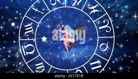 Bild von Horoskop-Symbolen über Sternen auf blauem Hintergrund Stockfoto