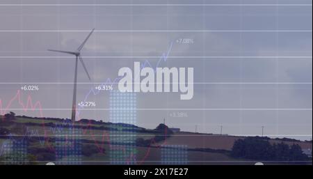Abbildung mehrerer Diagramme mit wechselnden Zahlen über der Windmühle auf grünem Feld gegen Himmel Stockfoto