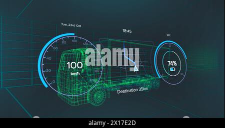 Bild des Tachometers über einem Elektrofahrzeug-Projekt auf marineblauem Hintergrund Stockfoto