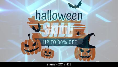 Halloween Sale Textbanner mit gruseligen Kürbis- und Fledermaussymbolen vor leuchtend blauem Tunnel Stockfoto