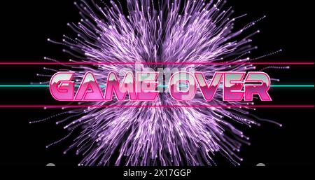 Bild des Spiels über Text in rosa Metallic-Buchstaben mit Dreiecken über violettem Feuerwerk Stockfoto