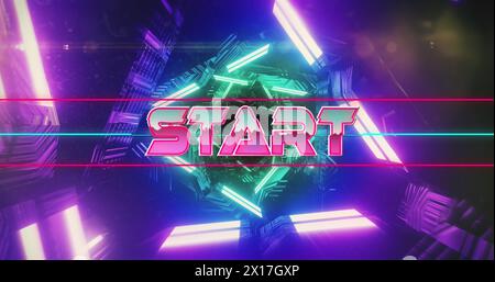 Bild des Starttextbanner über dem neonvioletten und grünen leuchtenden Tunnel in nahtlosem Muster Stockfoto