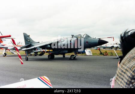 British Aerospace Sea Harrier FRS1 ZA195 auf der Farnborough International Airshow 1984. Die ZA195 wurde im September 1982 erstmals als FRS1 geflogen und war die erste, die als aktualisierte Sea Harrier F/A2 oder FA2 am 19. September 1988 in Dunsfold flog. Nach seiner Pensionierung ging es schließlich zum South Wales Aviation Museum, St Athan Airport Stockfoto