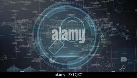 Bild von Symbolen mit Weltkarte und Datenverarbeitung auf schwarzem Hintergrund Stockfoto