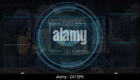 Bild von Symbolen mit Stadt und Datenverarbeitung auf schwarzem Hintergrund Stockfoto