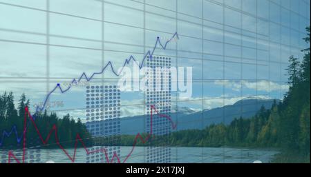 Bild von Datenverarbeitung, Börse und Diagrammen über Landschaft Stockfoto