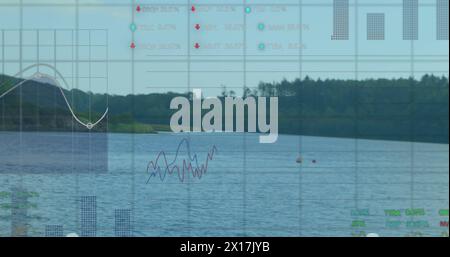 Bild von Datenverarbeitung, Börse und Diagrammen über Landschaft Stockfoto