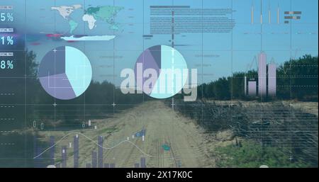 Bild der Datenverarbeitung, Weltkarte und Diagramme über Landschaft Stockfoto