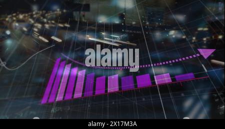 Bild der Datenverarbeitung, Diagramme und Börse über Stadt bei Nacht Stockfoto