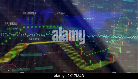 Bild der Datenverarbeitung, Diagramme und Börsenkarte über die Welt Stockfoto