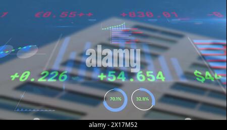 Bild von Datenverarbeitung, Diagrammen und Börse über Gebäude Stockfoto