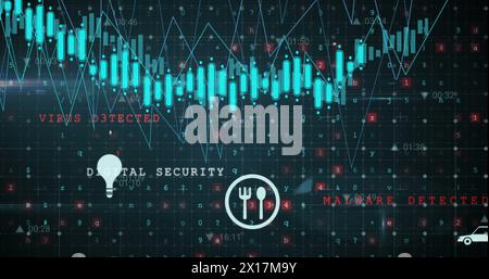 Bild der Datenverarbeitung und Symbole auf schwarzem Hintergrund Stockfoto