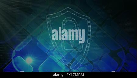 Abbildung: Digitale Abschirmung mit Vorhängeschloss über Quadraten und Licht Stockfoto