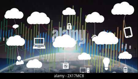 Bild von Cloud-Symbolen und Datenverarbeitung auf der ganzen Welt auf schwarzem Hintergrund Stockfoto
