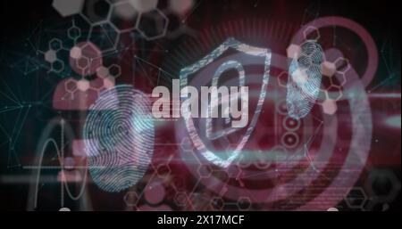 Bild eines digitalen Schildes mit Vorhängeschloss, Fingerabdruck und chemischen Formeln auf rotem Hintergrund Stockfoto