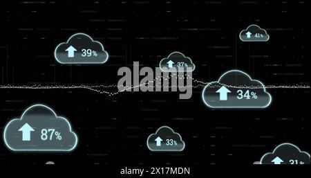 Bild von Cloud-Symbolen und Datenverarbeitung auf schwarzem Hintergrund Stockfoto