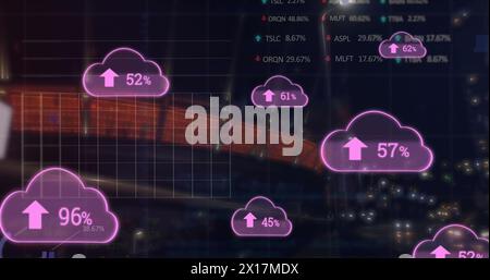 Bild von Cloud-Symbolen mit Zahlen und Datenverarbeitung über Stadion Stockfoto
